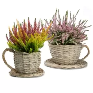 Image of Willow Teacup and Saucer Wicker Planters for Indoor and Outdoor Planting - Set of 2 M&W