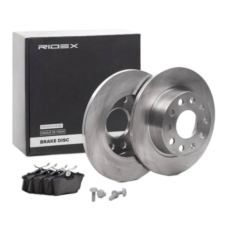Image of RIDEX 3405B0831 Brake disc and pads set with accessories, Rear Axle, Brake Disc Type: Solid, not prepared for wear warning indicator Brake Set,disc b