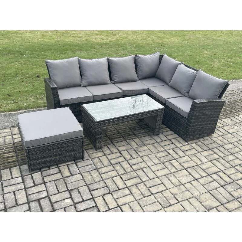 Image of Fimous Rattan Corner Sofa Garden Furniture Set with Big Footstool Rectangular Coffee Table with Cushion Dark Grey Mixed Dark Grey Unisex