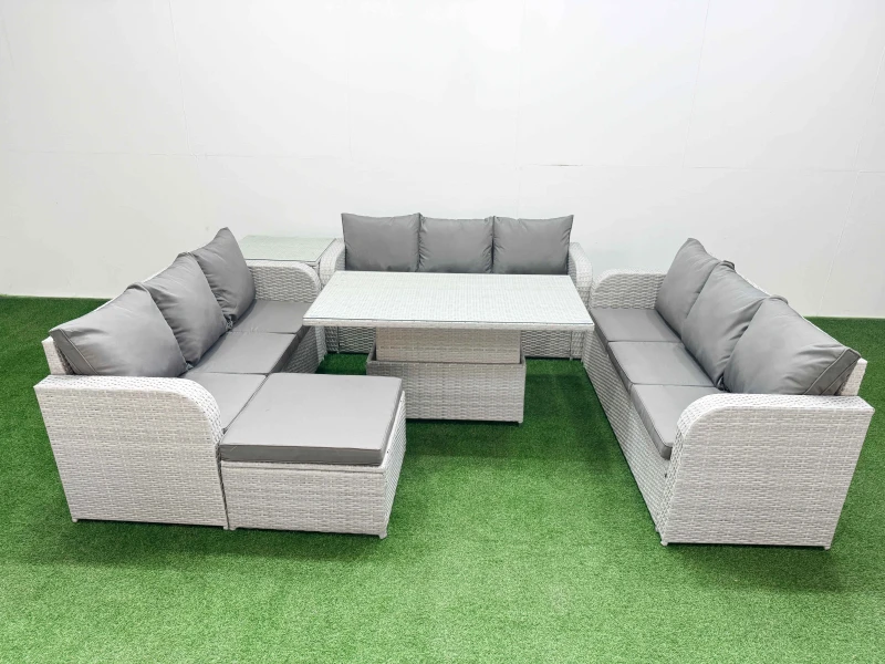 Image of Fimous PE Rattan Lounge Sofa Set 10 Seater Outdoor Garden Furniture Set with Adjustable Lifting Dining or Coffee Table 3 Seater Sofa Big Footstool Sid