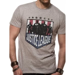 image of Justice League Comics - Silhouette Shield Mens Medium T-Shirt - Grey