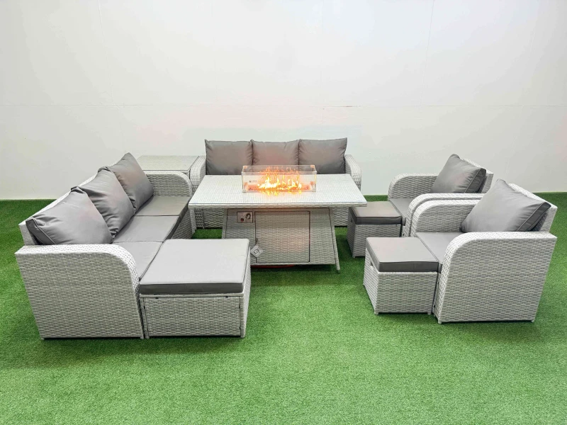 Image of Fimous PE Rattan High Back Lounge Sofa Set Patio Firepit Dining Table & Chairs Set with 3 Seater Sofa Reclining Chair 3 Stools Side Table Light Grey L