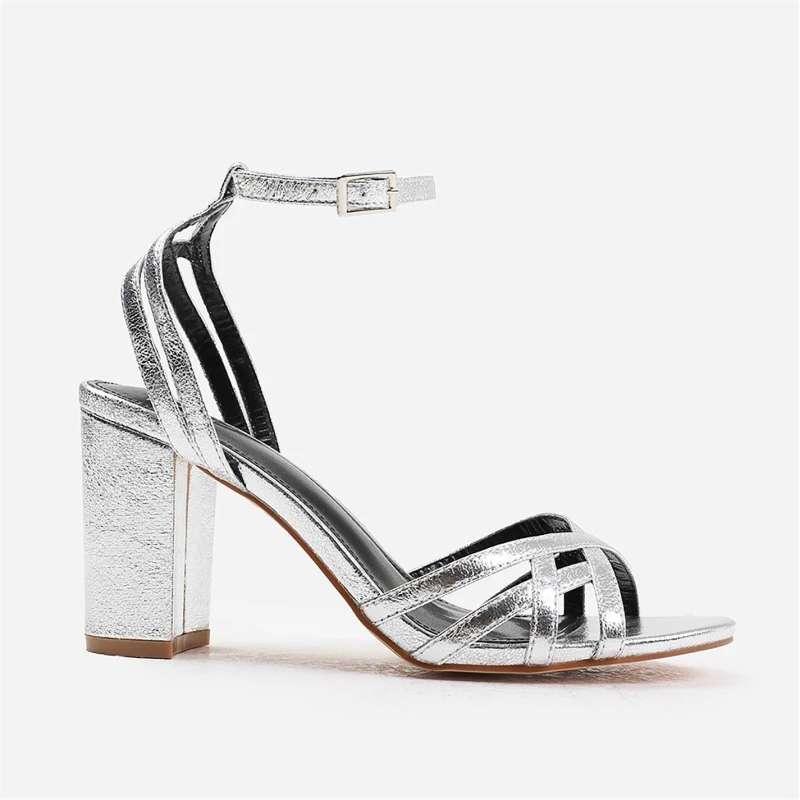 Image of Wheres That From Esmer Wide Fit Mid Block Heel With Cross Over Stra Silvercrinklepu female 7