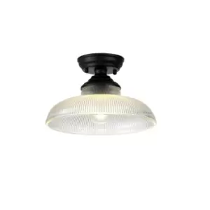 Dresden Flush Ceiling Lamp E27 With Round 30cm Glass Shade Matt Black, Clear