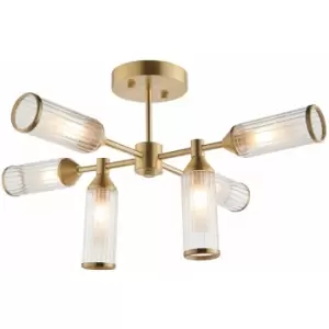 image of Loops - Brass Semi Flush 6 Bulb Ceiling Light - Ribbed Glass Shades & Frosted Diffusers