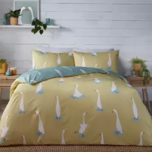 image of Fusion Puddles The Duck Print Reversible Easy Care Duvet Cover Set, Yellow, King