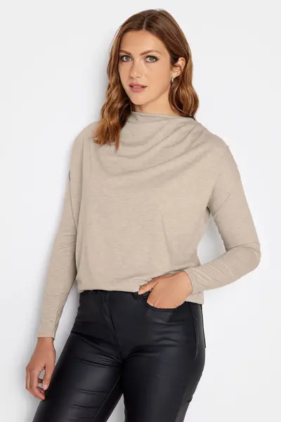 Image of Long Tall Sally Tall Ruched Neck Top Light Beige