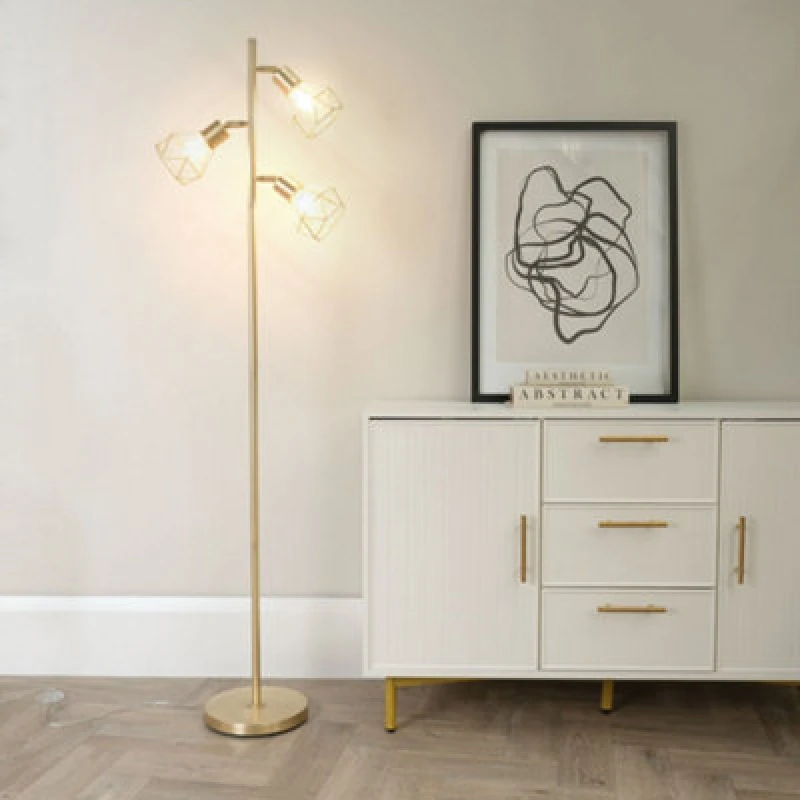 Image of ValueLights Angus Metal Geometric Basket Shade Floor Lamp Gold