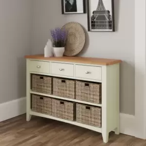 image of Kettle Interiors Two Tone Oak & White 9 Drawer Hallway/Bathroom Storage Unit With Wicker Baskets