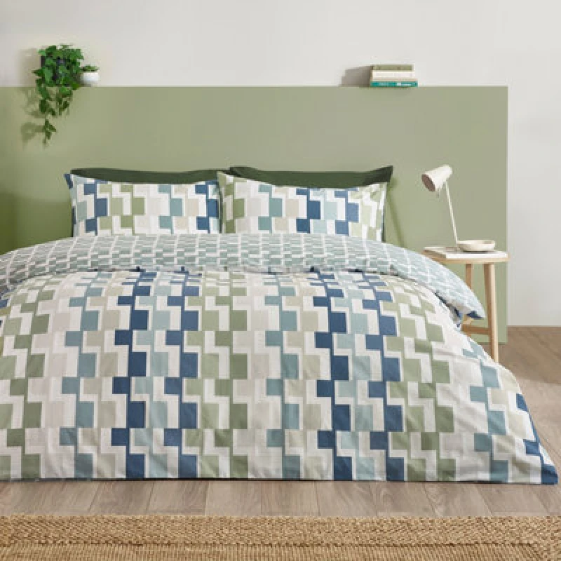 Image of Catherine Lansfield Bryson Geo Reversible Super King Duvet Cover Set With Pillowcases Blue