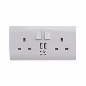 image of ESR Sline 13A White 2G 230V UK 3 Switched Electric Wall Socket and 2 USB Charger Port