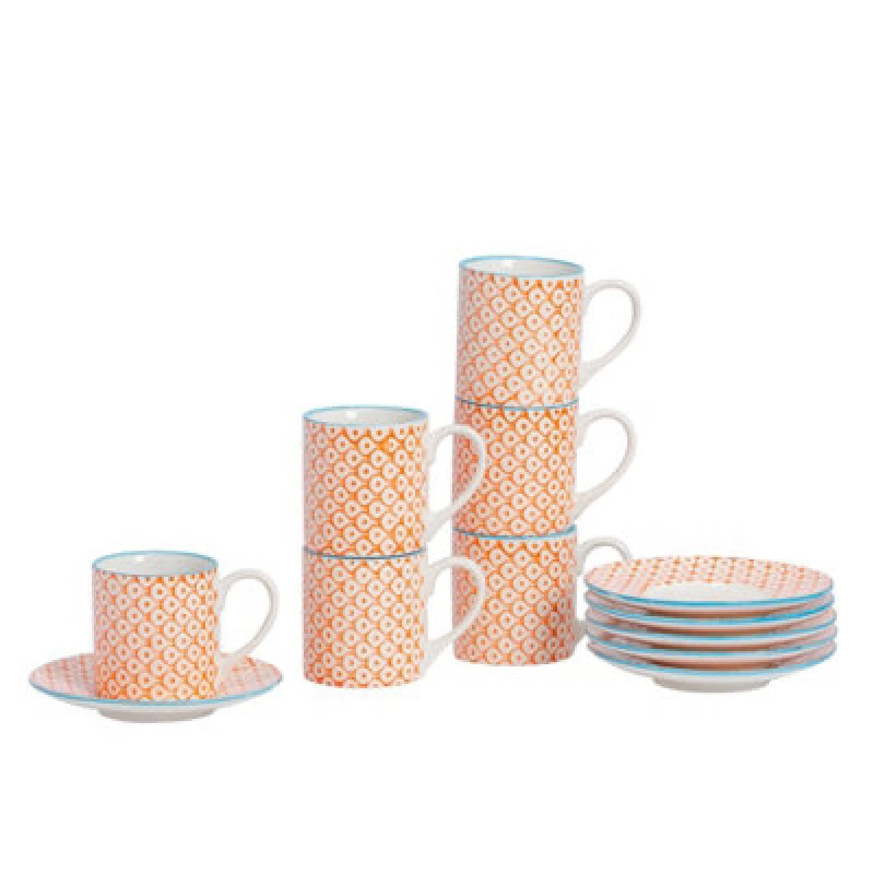 Image of Nicola Spring 12 Piece Hand-Printed Espresso Cup & Saucer Set - 65ml - Orange
