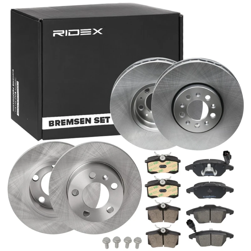 Image of RIDEX 3405B1666 Brake disc and pads set Rear Axle, Brake Disc Type: Solid, not prepared for wear warning indicator Brake Set,disc brakes (3405)