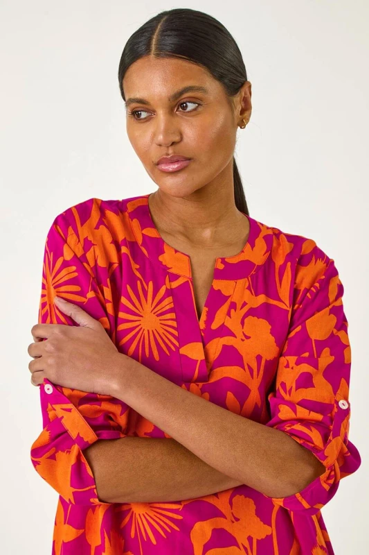 Image of Roman Womens Floral Wrap Hem Tunic Top in Fuchsia Size: 10 Fuchsia Female 10