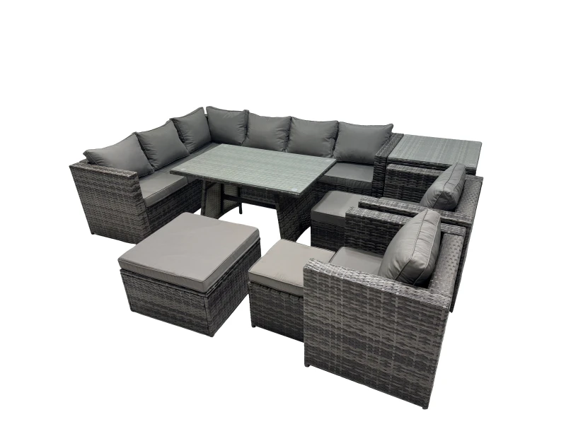 Image of Fimous 11-seater Outdoor PE Rattan Sofa Set with with 3 Stools Side Table in Dark Grey Dark Grey Unisex
