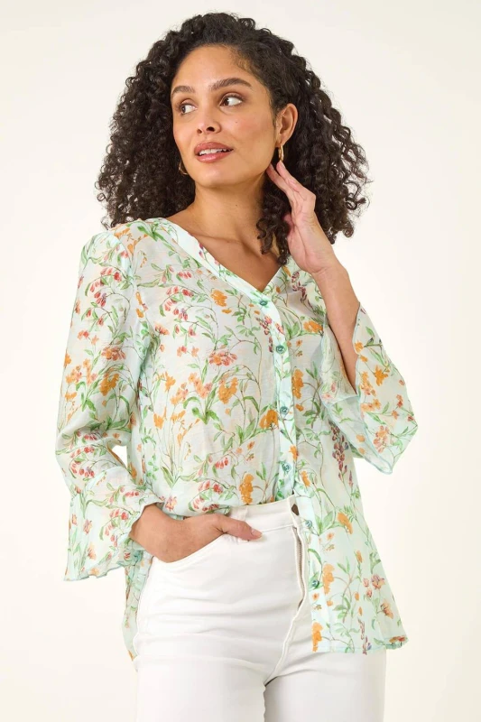 Image of Roman Womens Floral Flare Sleeve Button Up Blouse in Light Blue Size: 12 Light Blue Female 12
