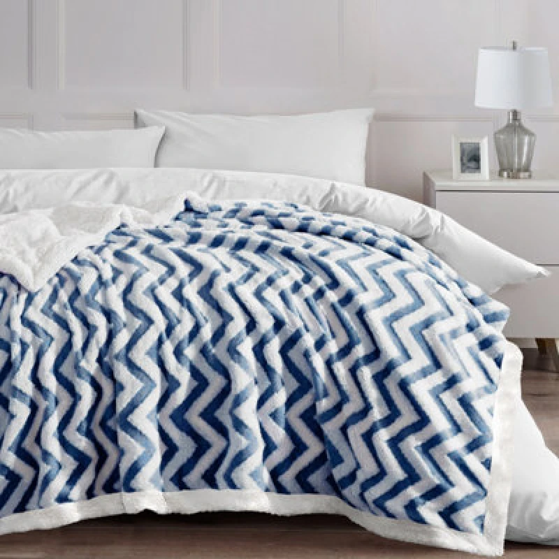 Image of Velosso Luxury Sherpa Backed Jacquard Thermal Blanket, Soft Fleece Throw With Textured Weave For Sofa, Bed - 100Cmx150Cm - Navy
