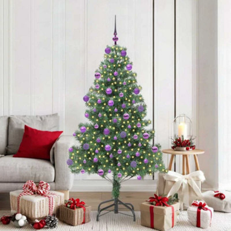 Image of vidaXL Christmas Tree with 300 LEDs, Lilac Balls with Stand Green 180cm PVC, Green 3396386