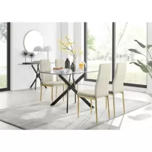 Image of Furniturebox UK - Furniturebox Leonardo 4 Black Leg Glass Dining Table and 4 Cream Milan Velvet Dining Chairs With Gold Legs Diamond Stitch Modern