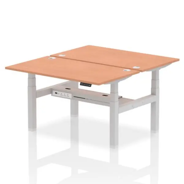 Image of Air Air Back-to-Back 1400 x 800mm Height Adjustable 2 Person Bench Desk Beech Top with Cable Ports Silver Frame HASCP2P14800BCHS