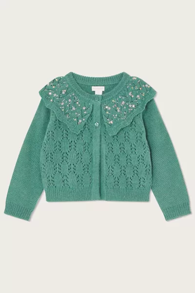 Image of Pointelle Sequin Collar Cardigan in Wool Blend
