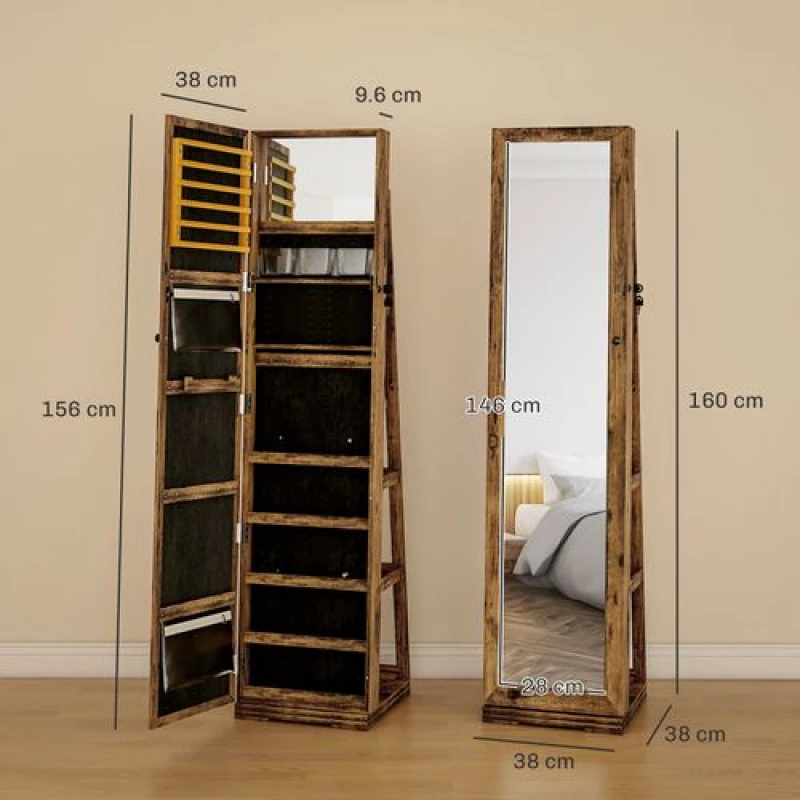 Image of HOMCOM Jewelry Cabinet Full Length Mirror 360° Swivel Lockable Jewelry Organizer Brown