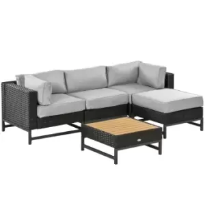Image of Outsunny 5 Pieces Outdoor PE Rattan Corner Sofa, Patio Wicker Woven Rattan Garden Furniture w/ Thick Padded Cushions, Wood Grain Plastic Top Table