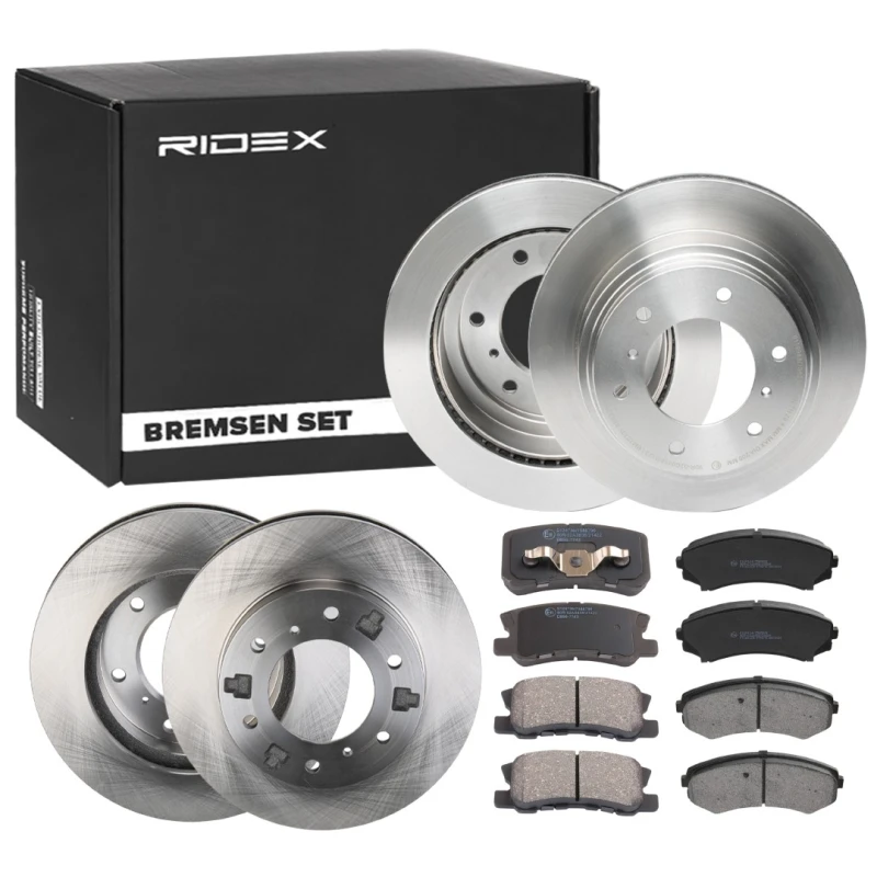 Image of RIDEX 3405B1715 Brake disc and pads set Rear Axle, Brake Disc Type: internally vented, with acoustic wear warning Brake Set,disc brakes (3405)