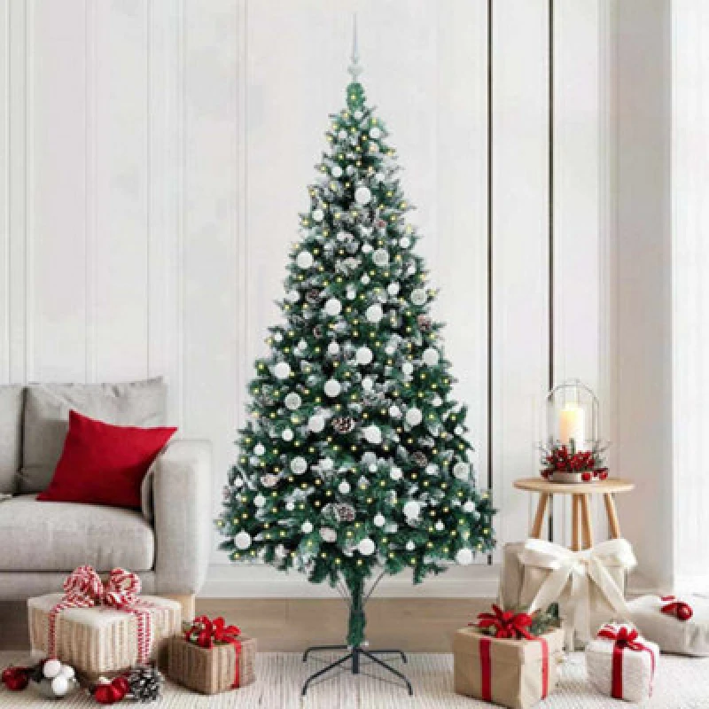 Image of vidaXL Artificial Christmas Tree with 300 LEDs, White Balls with Stand Green 210 x 120 cm, Green 3396276