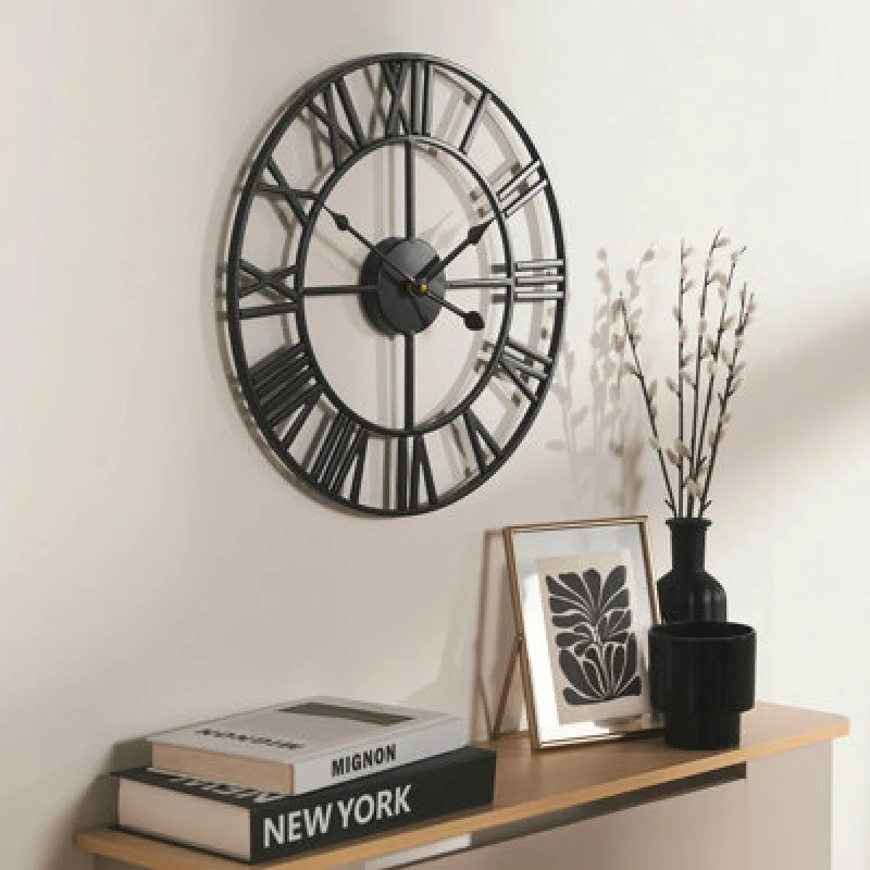 Image of OHS OHS Large Wall Clock Roman Numerals Skeleton Big Open Round Face in Black One Size Unisex 5027434215867