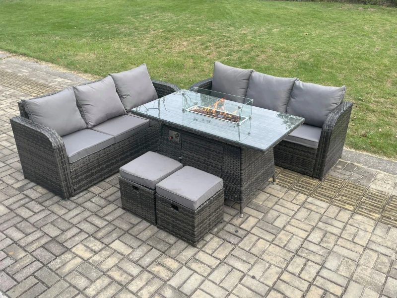 Image of Fimous Rattan Garden Furniture Set with Fire Pit Table 8 Seater Outdoor Lounge Sofa Set Dark Grey Mixed Dark Grey