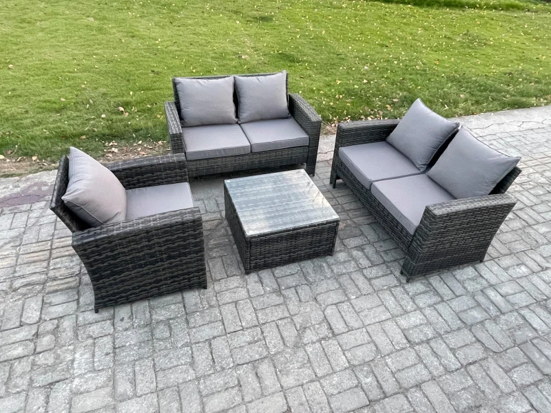 Image of Fimous Outdoor Rattan Garden Furniture Set Conservatory Patio Sofa Coffee Table Set with Chair Dark Grey Mixed Dark Grey Unisex