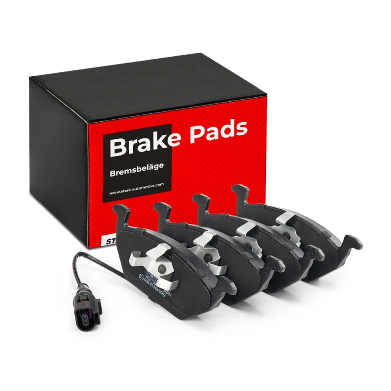 Image of STARK SKBP-0010032 Brake pad set Front Axle, with integrated wear sensor, Photo corresponds to scope of supply, with anti-squeak plate Brake Pad Set,