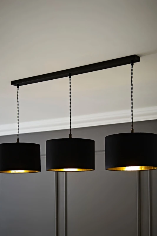 Image of ValueLights ValueLights Reni Metallic Drum Shade 3 Drop Bar Black Diner Ceiling Pendant Light in Gold Gold One Size Unisex 5059406063022