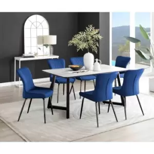 Image of Furniture Box Carson White Marble Effect Dining Table and 6 Blue Nora Black Leg Chairs