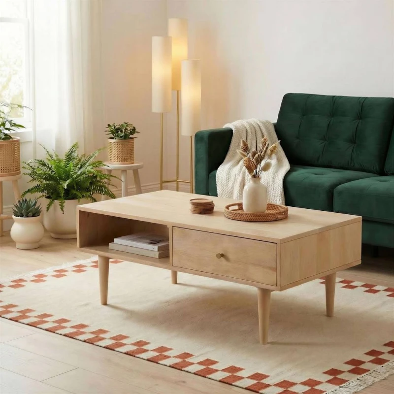 Image of FurnitureboxUK Everest Rectangle White Oak Wood Storage Coffee Table in Light Brown Light Brown Unisex