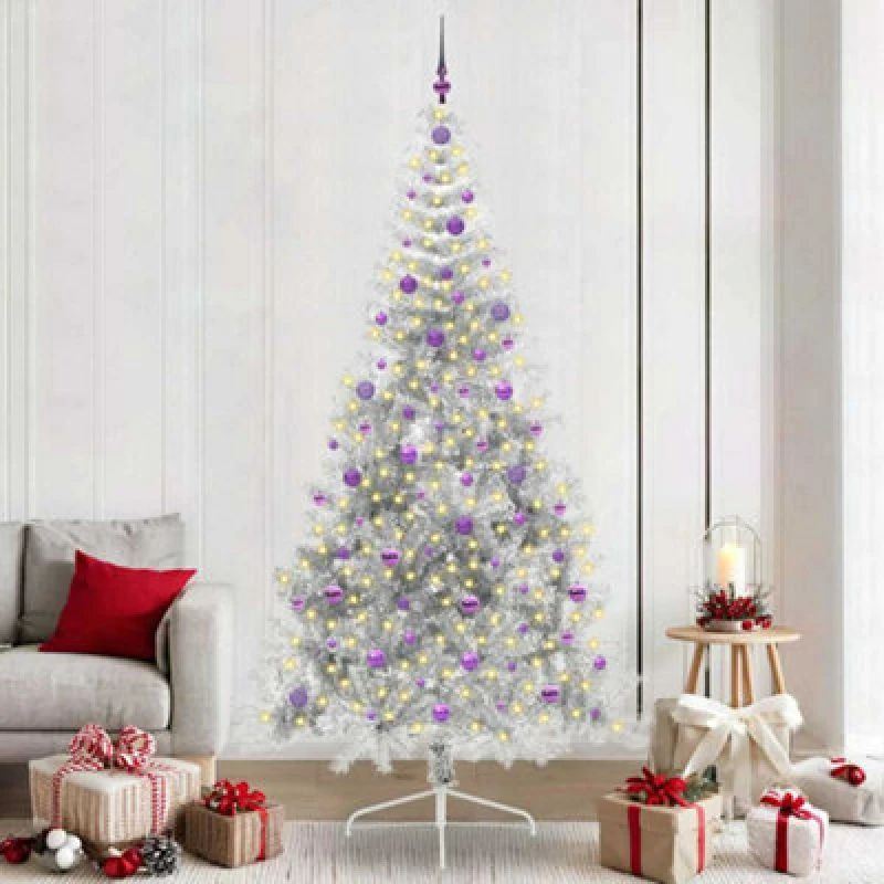 Image of vidaXL Artificial Pre-lit Christmas Tree with Lilac Balls Silver 240cm PET, Silver 3397238