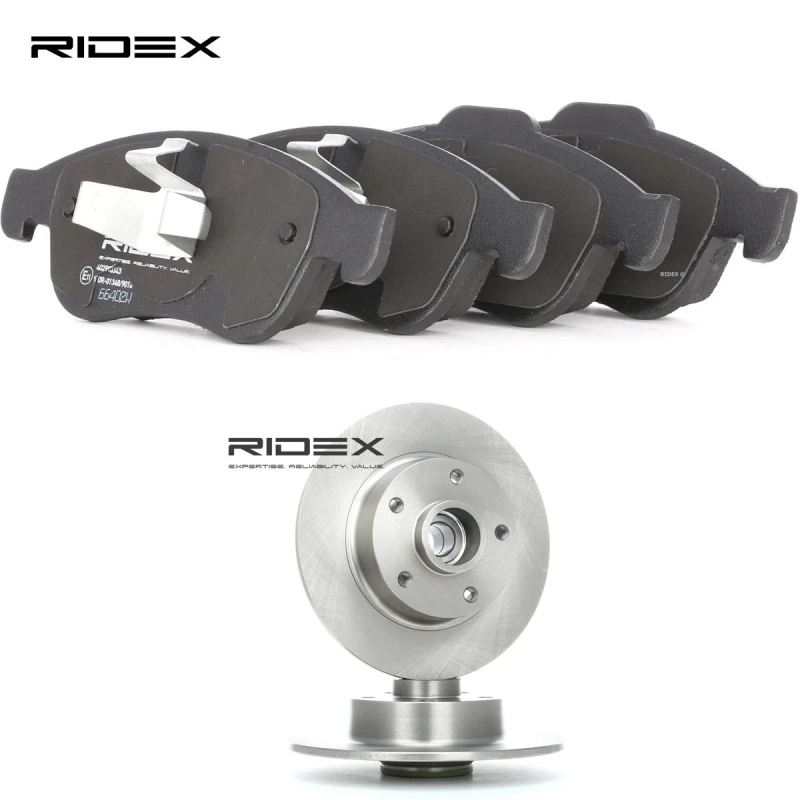 Image of RIDEX 3405B1304 Brake disc and pads set Front Axle, Brake Disc Type: Solid, excl. wear warning contact Brake Set,disc brakes (3405)