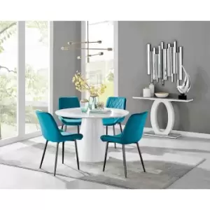 Image of Furniture Box Palma White High Gloss Round Dining Table and 4 Blue Pesaro Black Leg Chairs