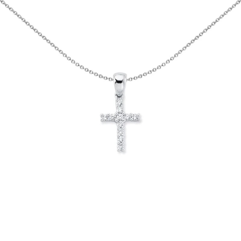 Image of Jewelco London Rhodium Silver CZ 4 Claw Cross Pendant Necklace 25mm 18" - APX014 Silver