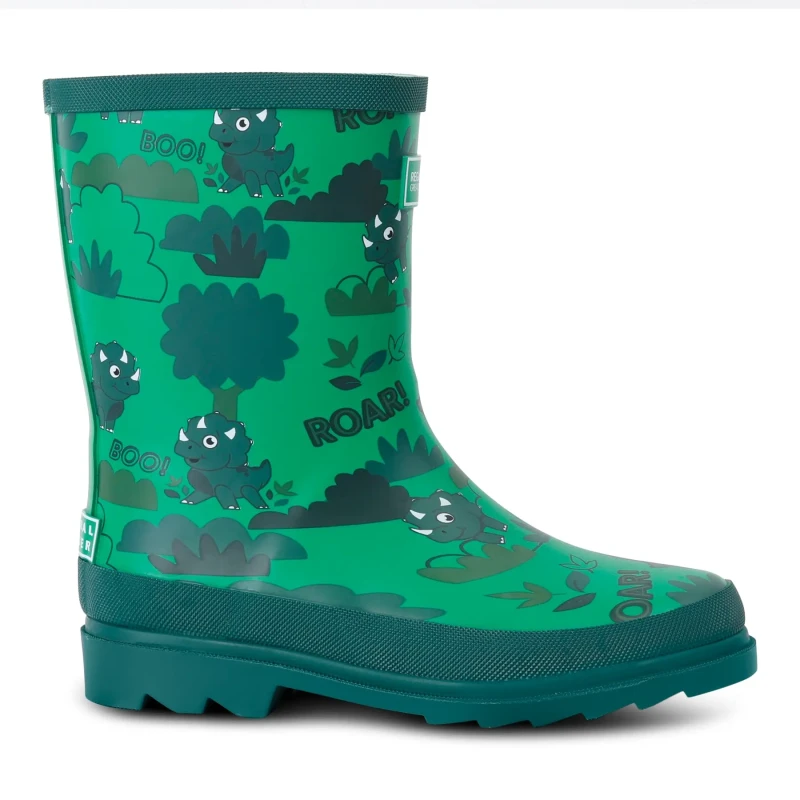 Image of Regatta Boys Mudplay II Waterproof Wellies UK Size 10 (EU 29) Stompy The Dinosaur Print Green RKF856B-95D-10