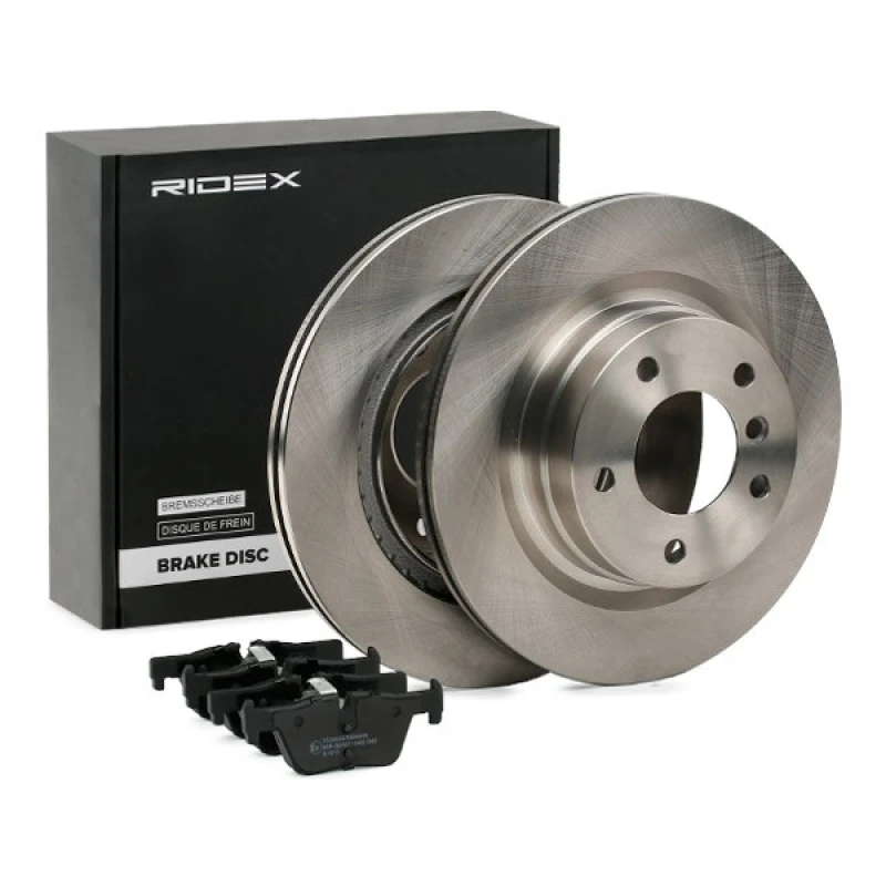 Image of RIDEX 3405B0855 Brake disc and pads set Rear Axle, Brake Disc Type: Vented, prepared for wear warning indicator, with piston clip Brake Set,disc brak