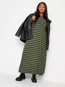 Image of Yours Yours Long Sleeve Rib Swing Stripe Dress. Khaki/black, Green, Size 16, Women