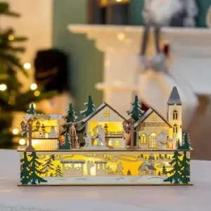 Image of The Christmas Workshop Light Up Wooden Festive Scenes/Indoor Christmas Decorations/Warm White LEDs/Hand Crafted/FSC Approved (Winter Village Scene)