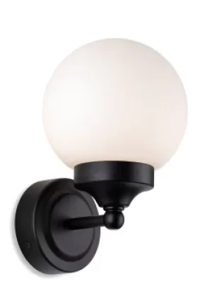 Louis Bathroom Globe Wall Light Black with Opal White Glass IP44