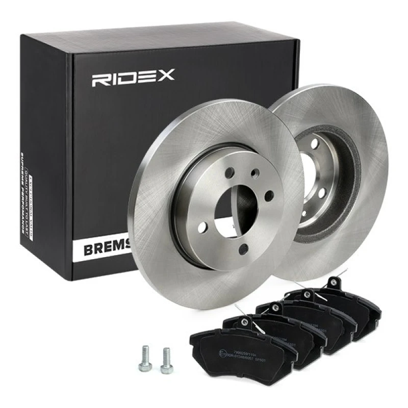 Image of RIDEX 3405B0091 Brake disc and pads set Front Axle, Brake Disc Type: Solid, excl. wear warning contact Brake Set,disc brakes (3405)