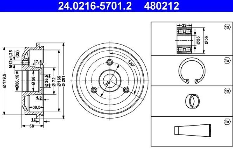 Image of ATE 24.0216-5701.2 Brake Drum 201,0mm, with wheel bearing Brake Drum (123)