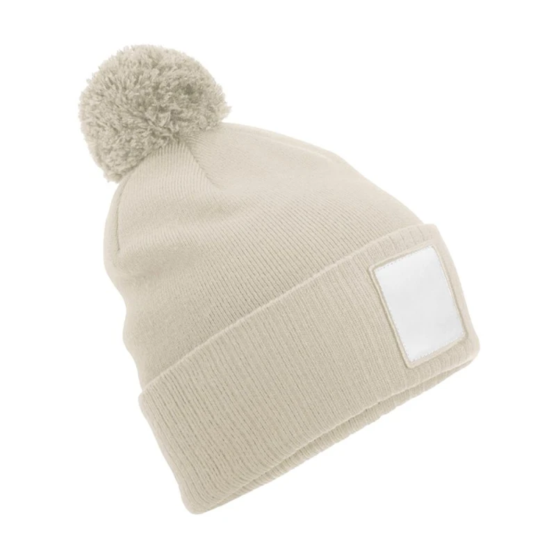Image of Beechfield Beechfield Men Pom Pom Applique Patch Beanie in Light Beige Light Beige One Size Male 5063693968021