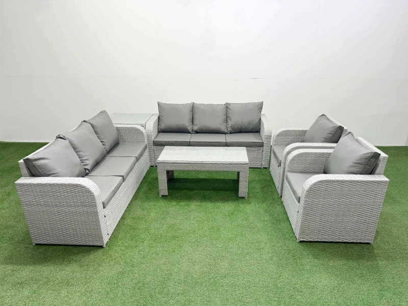 Image of Fimous PE Rattan High Back Lounge Sofa Set Patio Oblong Coffee Table & Chairs Set with 3 Seater Sofa Reclining Chair Side Table Light Grey Light Grey