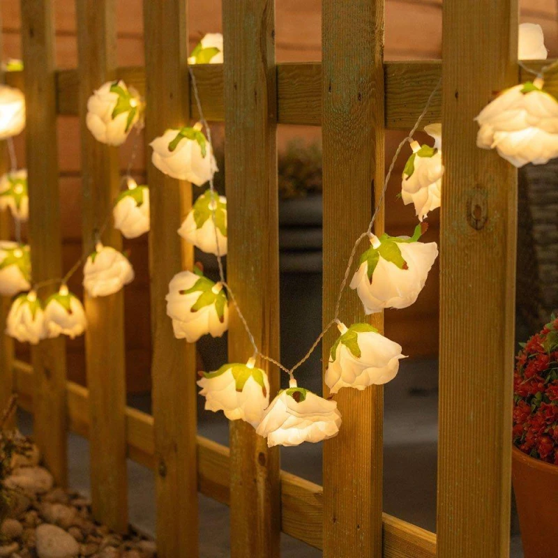 Image of ValueLights 20pc White Floral Outdoor Garden Solar String Lights in Warm White White